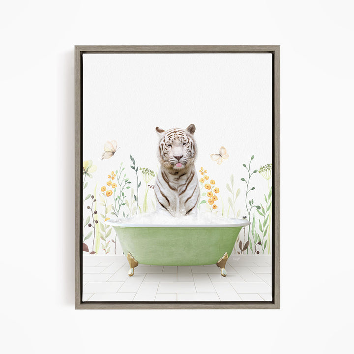 A white tiger is sitting in a green bathtub filled with bubbles, surrounded by flowers and butterflies.
