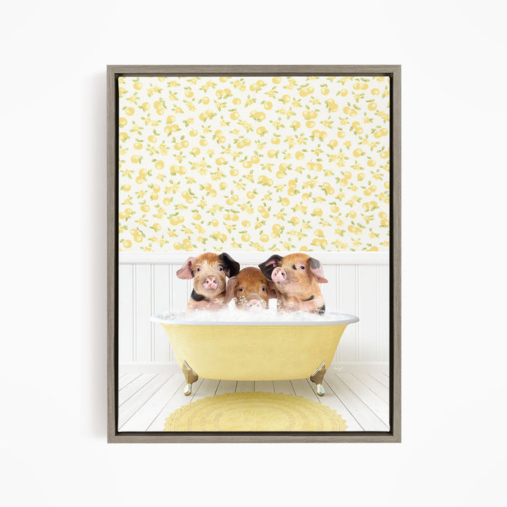 Three adorable pigs sitting in a yellow bathtub, surrounded by a yellow floral pattern on the wall behind them.