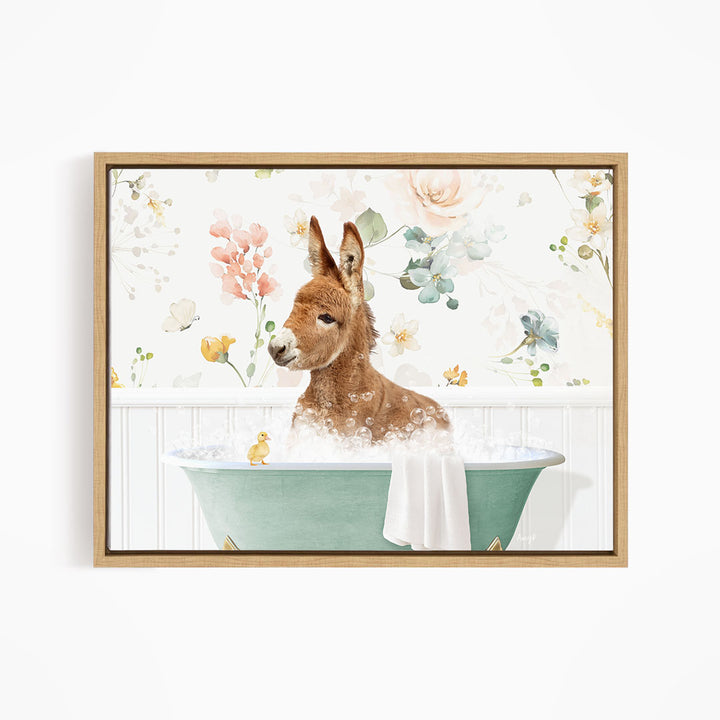 A brown rabbit sitting in a green bathtub filled with bubbles, surrounded by a floral pattern.