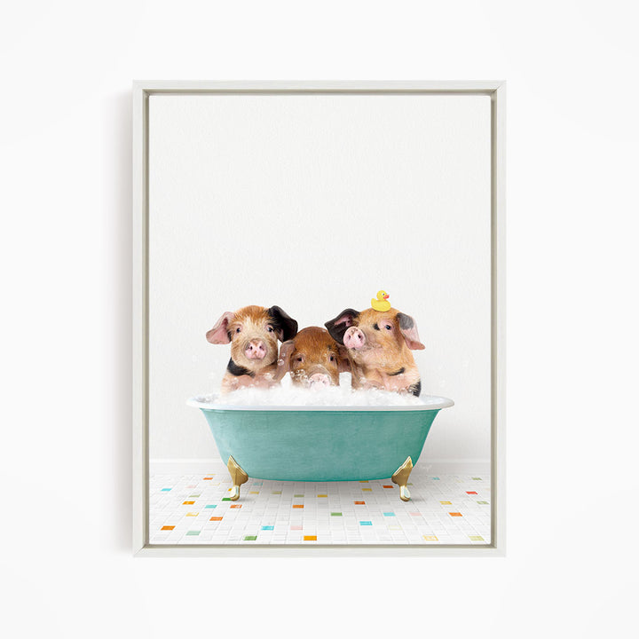 Three adorable pigs sitting in a green bathtub filled with bubbles, with one of them wearing a yellow hat.