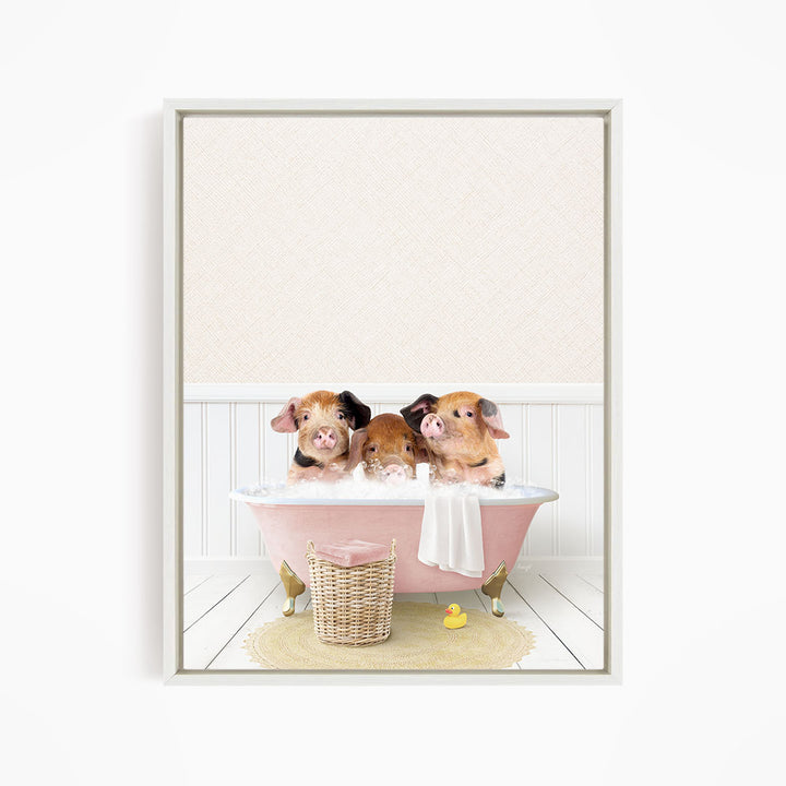 Three adorable pigs sitting in a pink bathtub, enjoying a relaxing bath together.