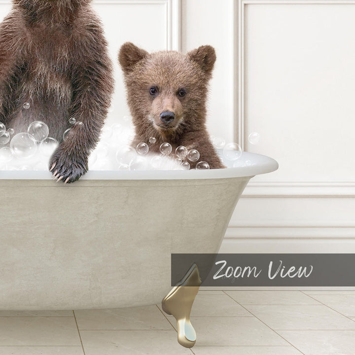 A baby bear sitting in a bathtub filled with bubbles, with a text overlay that reads "Zoom View".