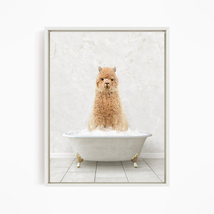 A fluffy brown alpaca sitting in a white bathtub filled with water, creating a whimsical and playful scene.