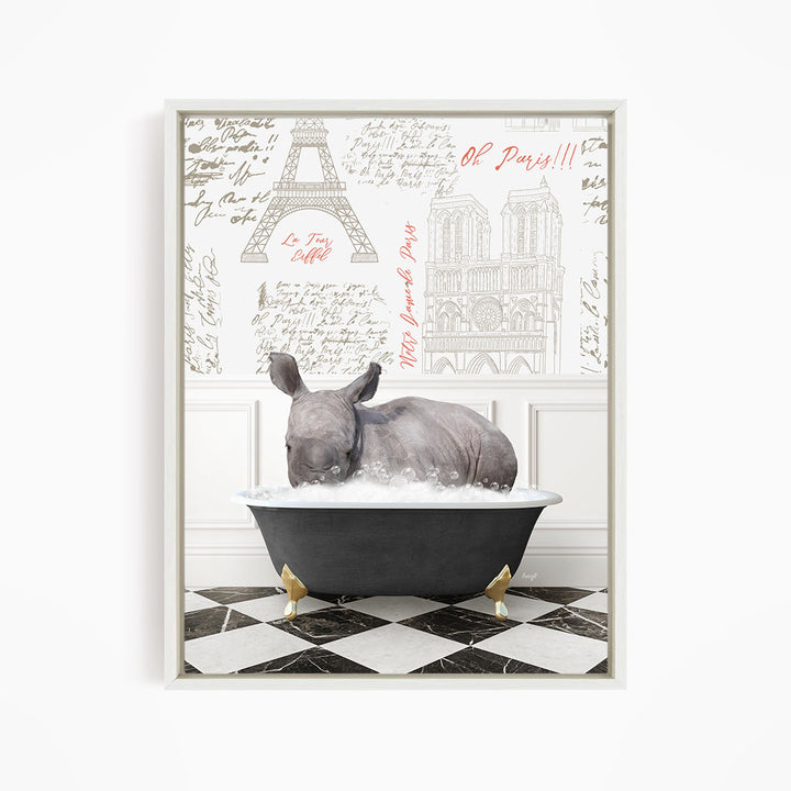 A rhinoceros is sitting in a bathtub filled with water, surrounded by various texts and illustrations related to Paris.
