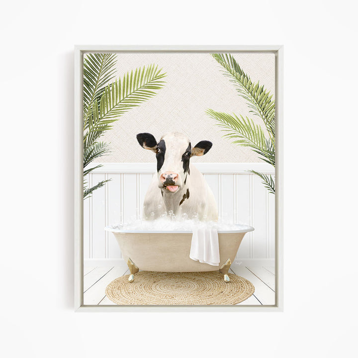 A cow is sitting in a bathtub filled with water, surrounded by palm leaves, creating a whimsical and playful scene.