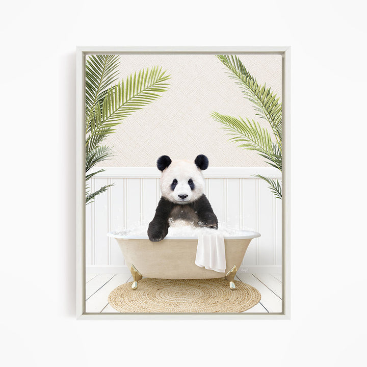 A panda bear sitting in a bathtub filled with water, surrounded by palm leaves.