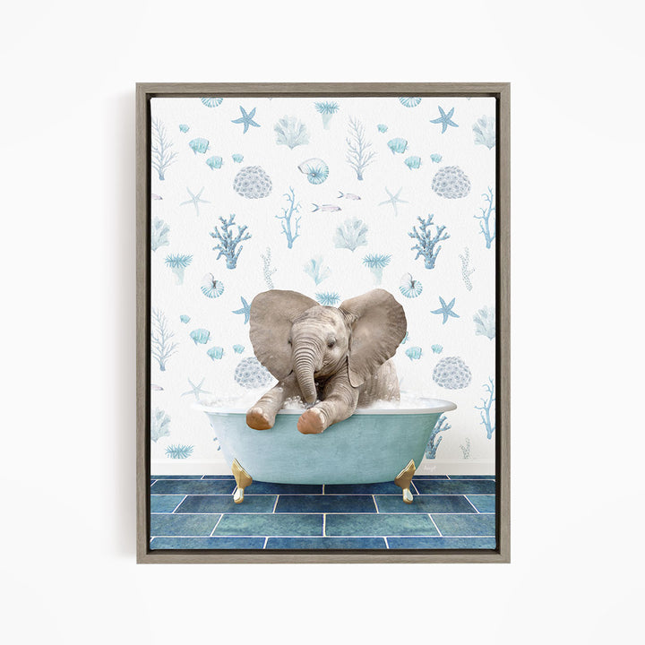 A baby elephant sitting in a bathtub filled with water, surrounded by blue and white seashells and starfish on the wall behind it.