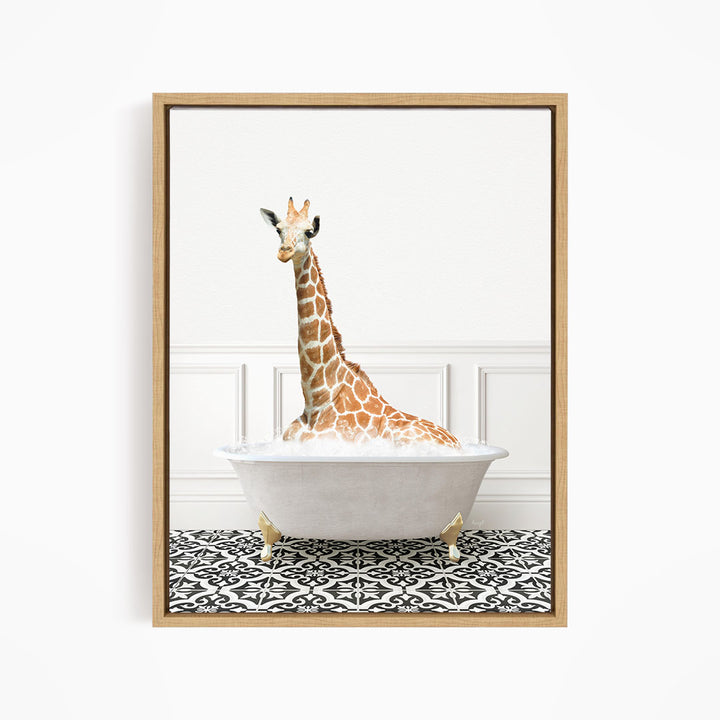 A giraffe sitting in a white bathtub filled with water, surrounded by a black and white patterned floor.