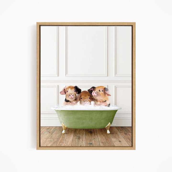 Three adorable pigs sitting in a green bathtub, enjoying a relaxing bath.