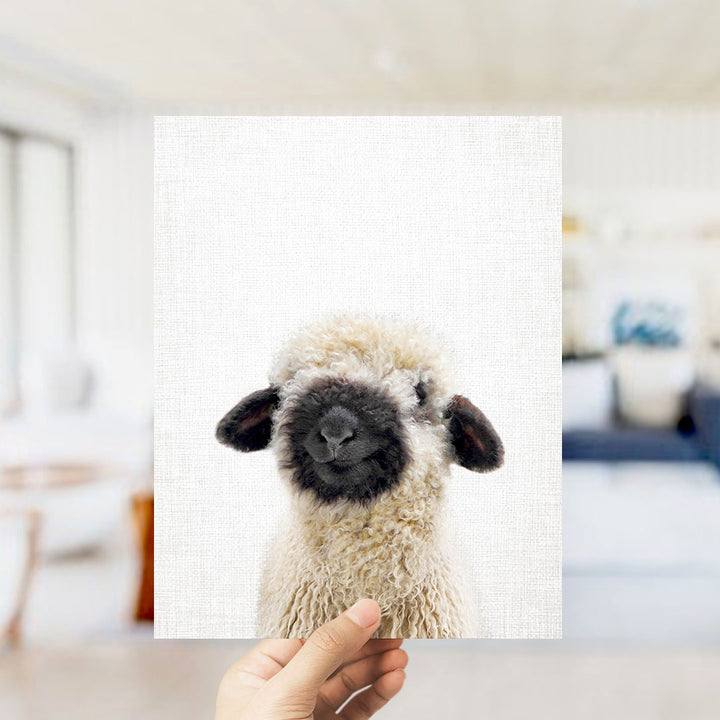 A hand is holding up a white canvas with a close-up of a fluffy, black-faced sheep's head.