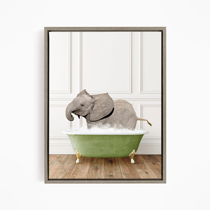A gray elephant is sitting in a green bathtub filled with water, creating a whimsical and playful scene.