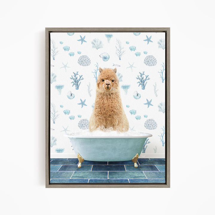 A fluffy brown dog sitting in a blue bathtub filled with bubbles, surrounded by a pattern of seashells and starfish.