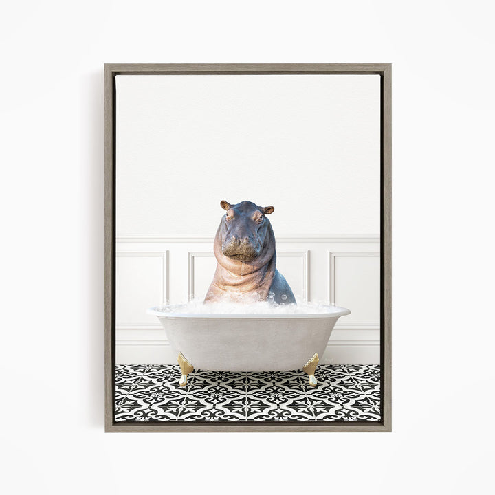 A hippopotamus sitting in a bathtub filled with water, surrounded by a black and white patterned floor.