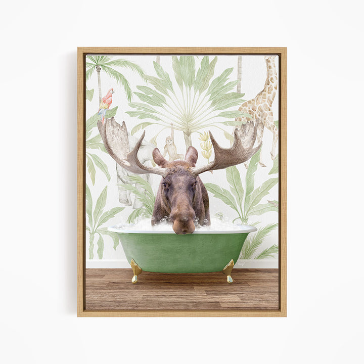 A moose is sitting in a green bathtub, surrounded by tropical plants and animals, including a giraffe and a parrot.