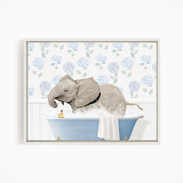 A gray elephant is taking a bath in a blue tub, surrounded by a floral patterned wall.