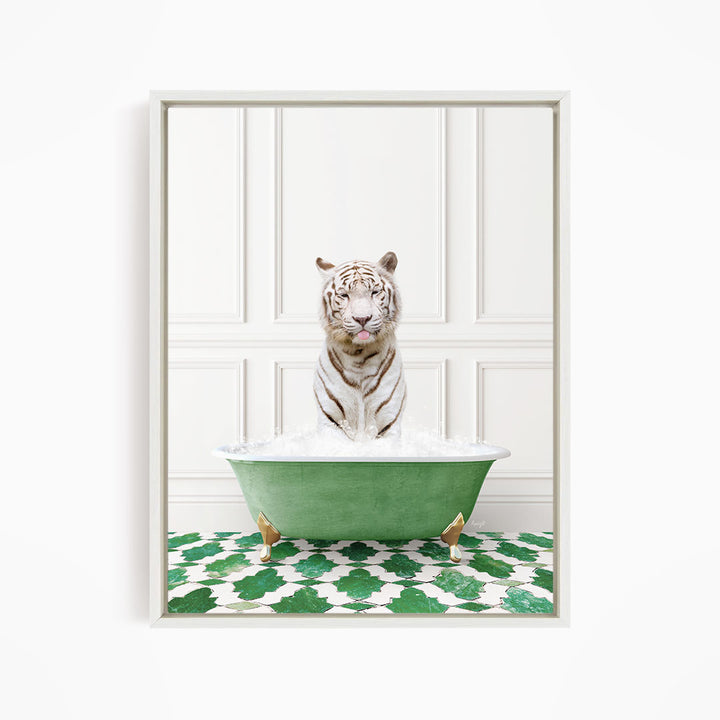 A white tiger sitting in a green bathtub filled with water, surrounded by a green and white patterned floor.
