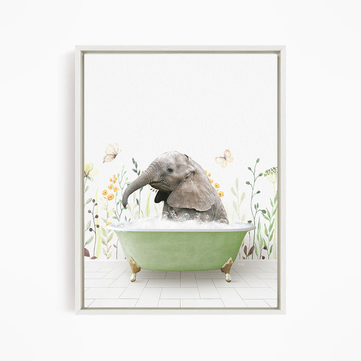 A baby elephant sitting in a green bathtub filled with water, surrounded by flowers and butterflies.