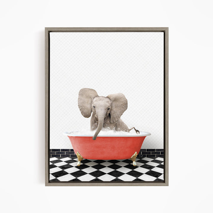 A gray elephant is sitting in a red bathtub filled with water, surrounded by a black and white checkered floor.