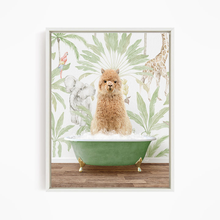 A fluffy brown dog is sitting in a green bathtub filled with water, surrounded by tropical plants and animals, such as a giraffe and a parrot, against a white wall with a green and white floral pattern.