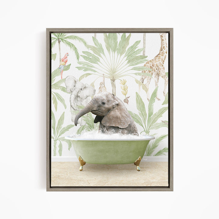 A baby elephant sitting in a green bathtub, surrounded by tropical foliage and other animals, creating a whimsical and playful scene.
