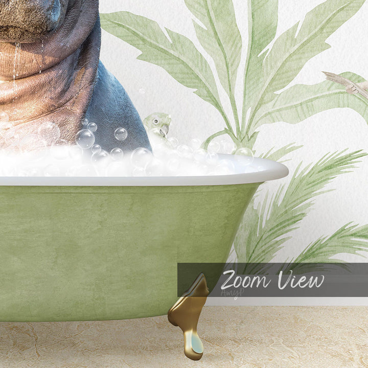 A bathtub filled with bubbles, with a small bird peeking out from behind the bubbles. The image is a close-up of the bathtub, and there is a text overlay that reads "Zoom View".