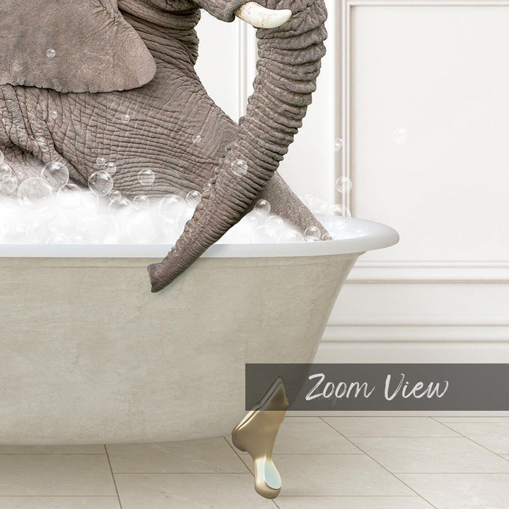 A large elephant is sitting in a bathtub filled with bubbles, creating a whimsical and playful scene.