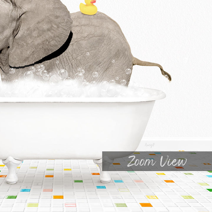 A gray elephant is taking a bath in a white bathtub, with a yellow rubber duck floating on its back.