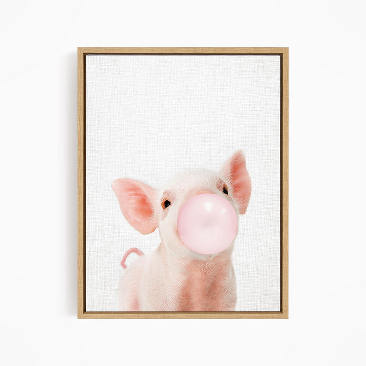 A cute pig blowing a bubble with a pink bubble gum bubble.