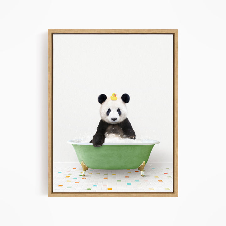 A panda bear sitting in a green bathtub filled with bubbles, with a yellow rubber duck floating on the water.