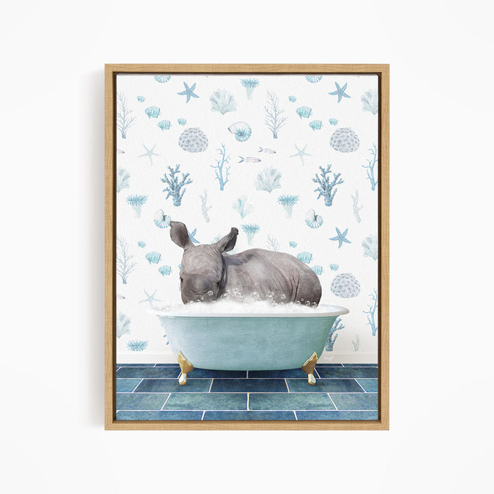 A rhinoceros is sitting in a blue bathtub filled with water, surrounded by a pattern of blue and white seashells and starfish.