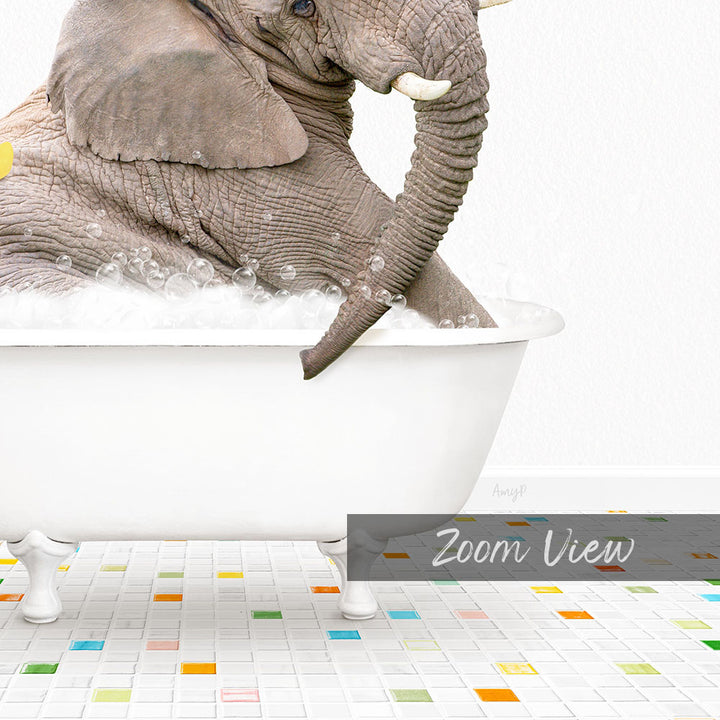 An elephant is sitting in a white bathtub filled with bubbles, creating a whimsical and playful scene.