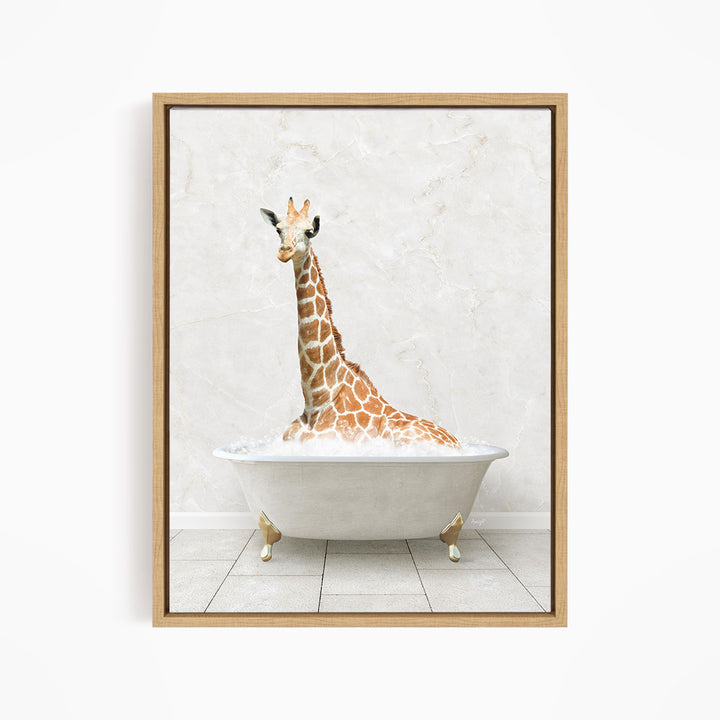 A giraffe sitting in a white bathtub filled with bubbles, creating a whimsical and playful scene.