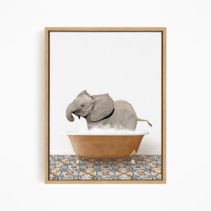 A gray elephant is sitting in a brown bathtub filled with water, surrounded by a patterned tile floor.