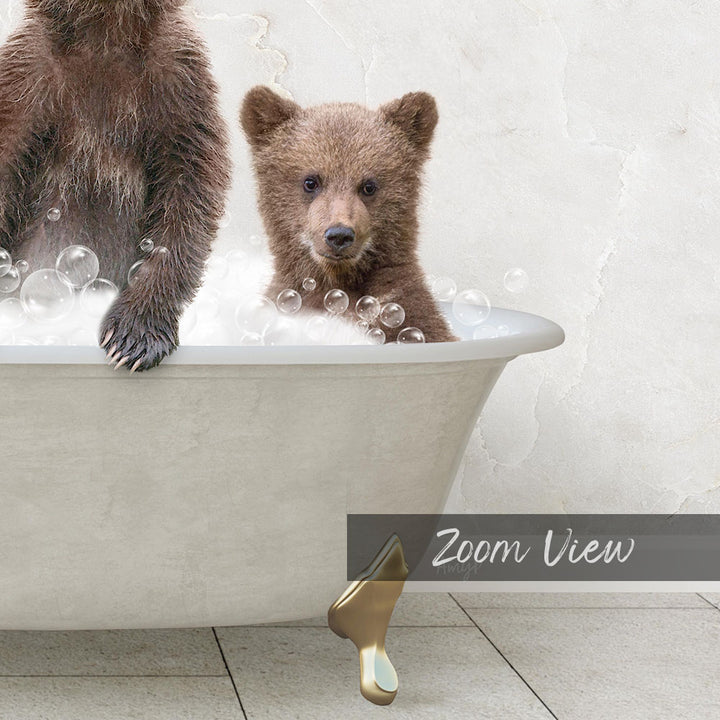 A baby bear sitting in a bathtub filled with bubbles, with a text overlay that reads "Zoom View".