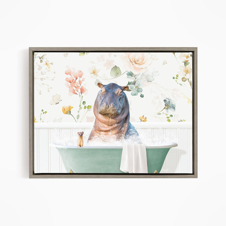 A hippopotamus sitting in a bathtub filled with water, surrounded by flowers and other decorative elements.