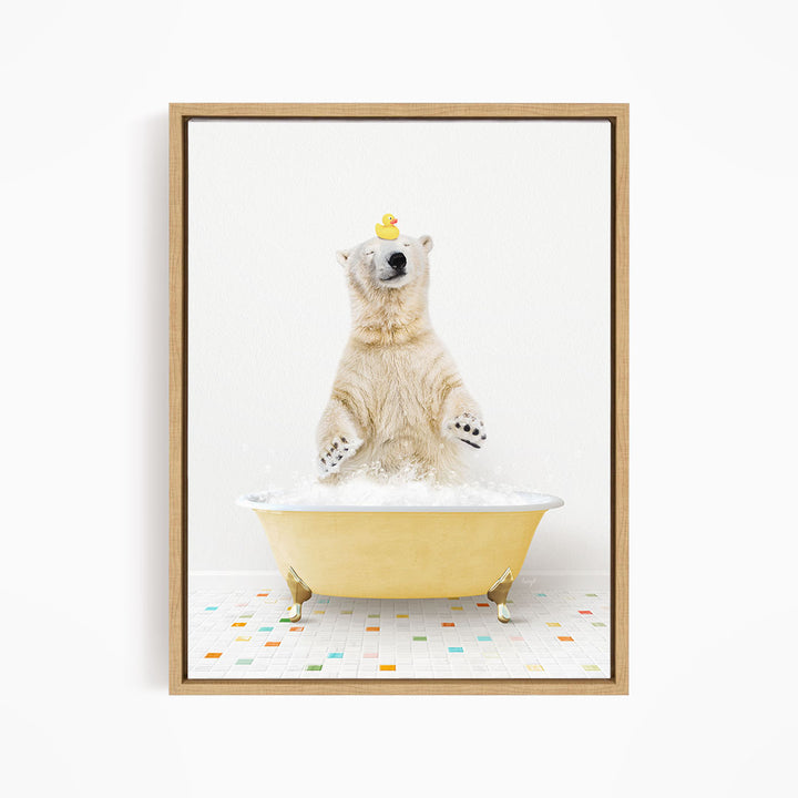 A polar bear standing in a yellow bathtub, with a rubber duck perched on its head.