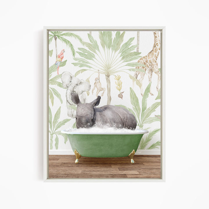 A rhinoceros is taking a bath in a green bathtub, surrounded by tropical foliage and animals, including a giraffe and a parrot.