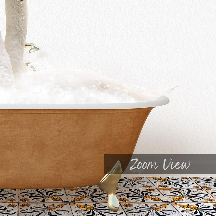 A bathtub filled with bubbles, with a gold bathtub leg visible on the floor.