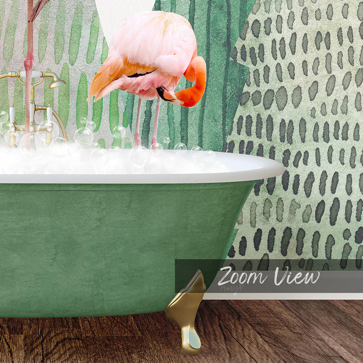 A pink flamingo standing in a green bathtub filled with water, with a patterned wall in the background.