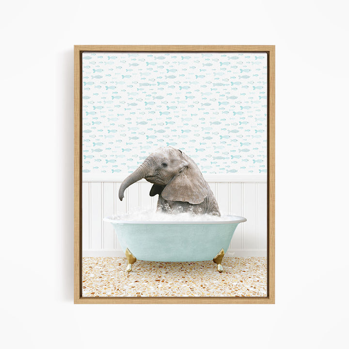 A baby elephant sitting in a bathtub filled with water, surrounded by a pattern of fish.