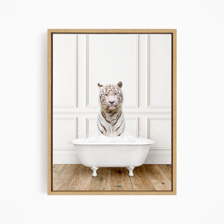 A white tiger is sitting in a white bathtub, with its head above the water, creating a whimsical and playful scene.