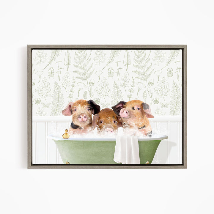 Three adorable pigs sitting in a green bathtub, enjoying a relaxing bath together.