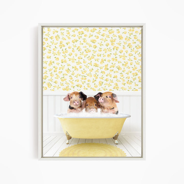 Three adorable pigs sitting in a yellow bathtub, surrounded by a yellow floral pattern on the wall behind them.