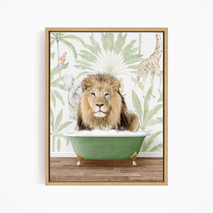 A lion is sitting in a green bathtub, surrounded by tropical foliage and a parrot, creating a whimsical and playful scene.