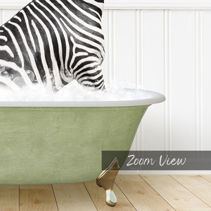 A zebra standing in a green bathtub filled with water, with bubbles around its neck.
