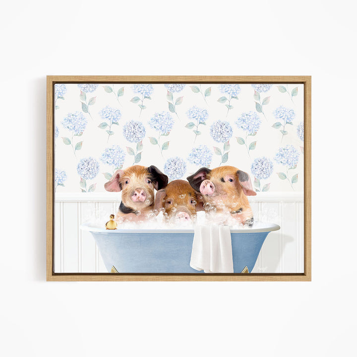 Three adorable pigs sitting in a blue bathtub, enjoying a relaxing bath together.