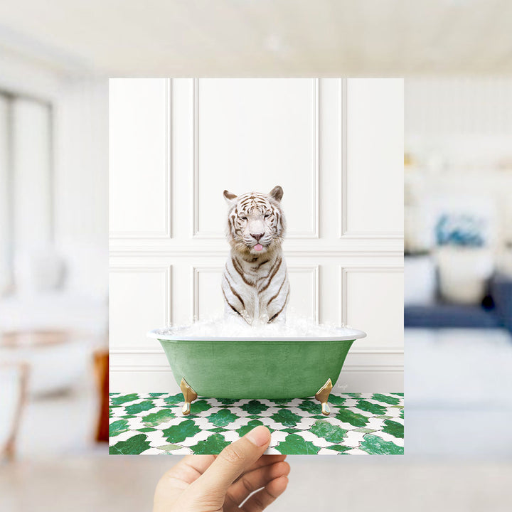 A white tiger sitting in a green bathtub filled with water, with a hand holding the image up to the viewer.