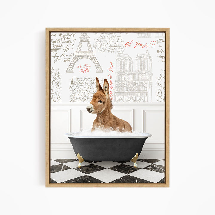 A donkey is sitting in a bathtub filled with water, surrounded by a Paris-themed background with the Eiffel Tower and other landmarks.