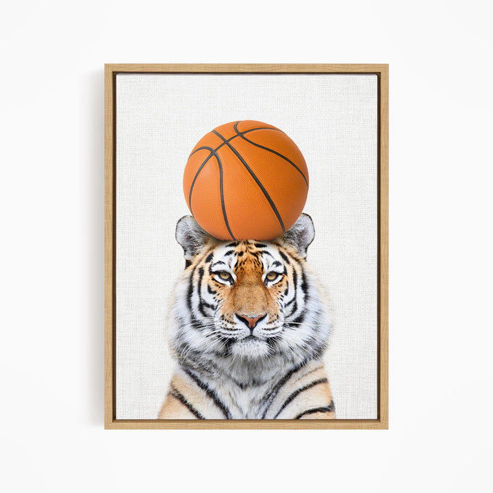 A tiger is depicted balancing a basketball on its head, creating a playful and humorous scene.