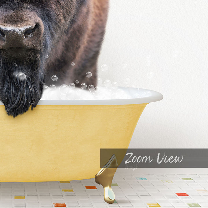 A close-up of a dog's face peeking over the edge of a yellow bathtub filled with bubbles, with a text overlay that reads "Zoom View".